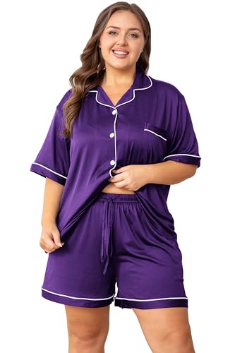 Image of Vozanet Women's Plus Size Button Down Pajamas Soft Lounge Sets Shorts with Pockets Bride Nighty Solid Soft Pjs 1x to 5x