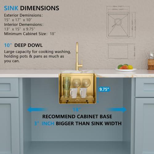 Image of 15 inchx17 inch Gold Bar Prep Sink Undermount Workstation | Brushed Gold NANO-PVD 16 Gauge T304 Stainless Steel Single Bowl Under Counter Basin for RV Kitchen Wet Bar Prep Station