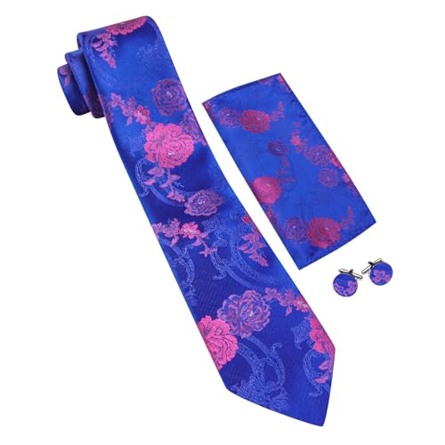 Image of Barry.Wang Flower Ties for Men Silk Woven Floral Tie Sets Necktie Handkerchief Cufflinks Wedding Party