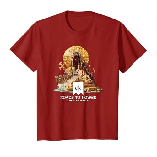 Paradox Interactive Herren Damen Unisex Kinder T-Shirt Gaming T-Shirt Schwarz Kurzarm Klassisch geschnitten T-Shirt Crusader Kings III Roads to Power T-Shirt Kraft und Vermächtnis Klein EU S