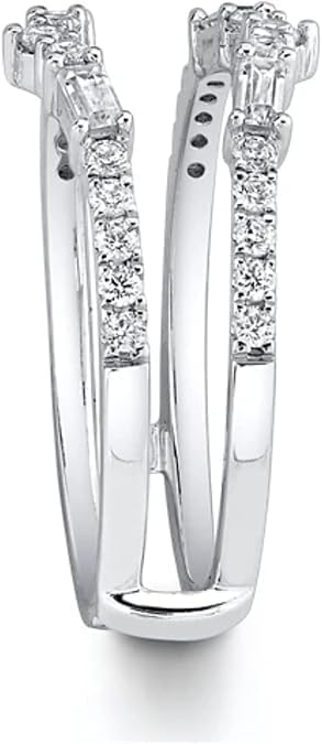 Baguette & Round Created Diamond Crown Ring Guard in Solid 925 Sterling Silver, Sparkling Pointed Nesting Enhancer Wedding Band, Curved Tiara Wrap for Round & Emerald Cut Solitaire Rings