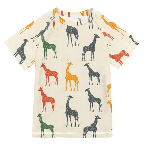 Boys Rash Guard Short Sleeve Swim Shirts for Boys Giraffe Multicolor Sun Protection 7-8T