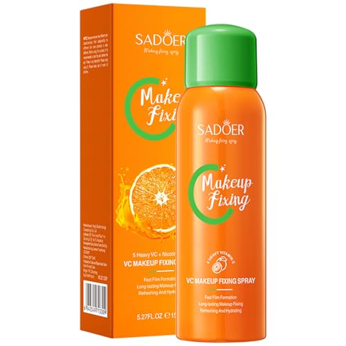 SADOER Spray fijador de maquillaje con 5× Vitamina C, nebulización ultrafina, fijación hasta 16 h, hidratante y luminoso, 150 ml