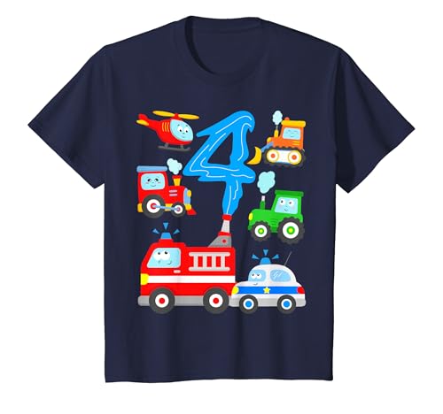 Niños 4 años cumpleaños niños coches excavadora locomotora bomberos Camiseta