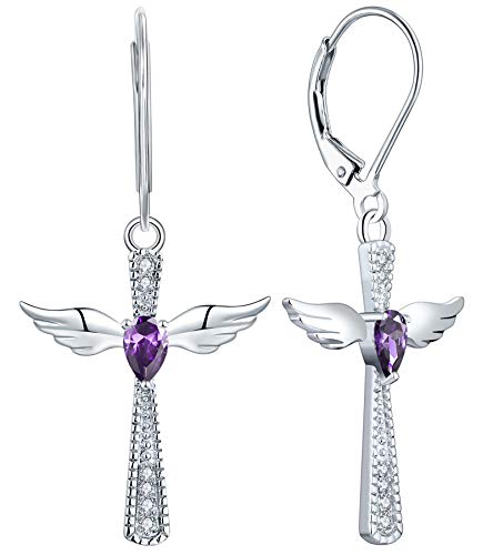 Yl Cross Earrings 925 Sterling Silver Angel Wings Leverback Earrings Teardrop Created Amethyst Criss Dangle Drop Jewelry #TOP3