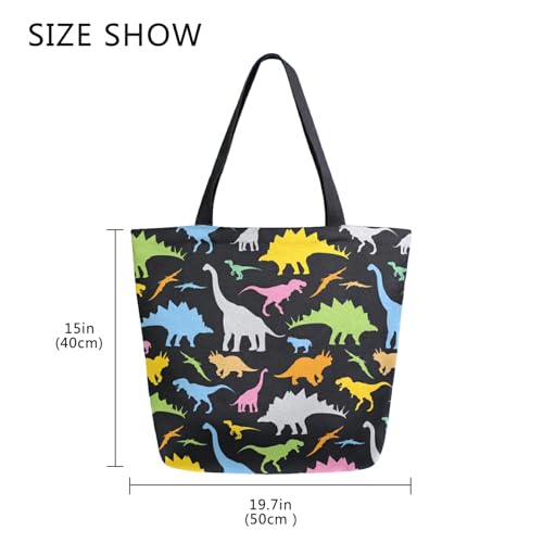 Image of Colorful Dinosaur Canvas Tote Grocery Bag Shoulder Casual Book Bag Large for Women Teachers, Animal Cotton Bag Shopping Purse Handbag Reusable Multipurpose Use