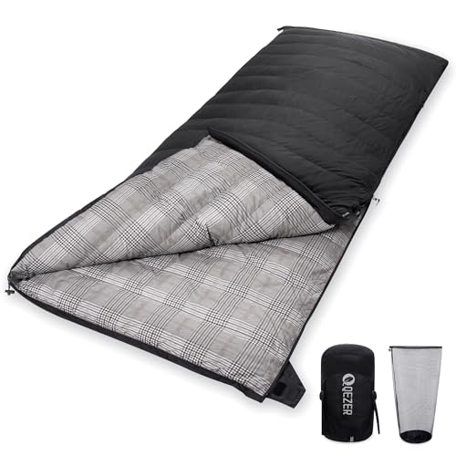 QEZER 冬用 ダウン 寝袋 冬用 シュラフ 1000gダウン充填 封筒型寝袋 650FPダウン 400T撥水加工 コンパクト ...