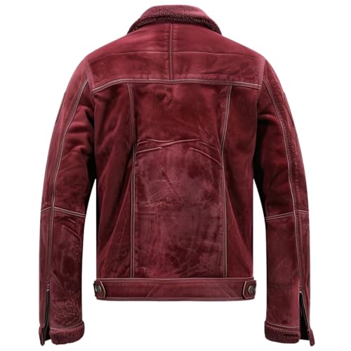 Mens Genuine Suede Sherpa Shearling Faux Fur Collar Smooth Field Leather Jacket | MAROON2