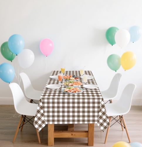 Image of SietDESEO 3 Pack Dark Brown Gingham Tablecloth Rectangle 54 x 108 Brown and White Checkered Table Cloth Disposable Plaid Table Cover Plastic for Birthday Baby Shower Picnic Wedding Party Supplies