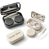 AEUXZA 2 Stück Kontaktlinsenbehälter mit Spiegel für Farbige & Weiche Linsen – Kompaktes Reise-Set in Beige & Grau – Auslaufsicheres Zubehör inkl. Pinzette & Saugstab für Urlaub & Alltag