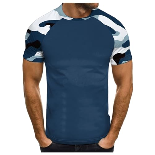 Image of Men's Casual Camouflage Printed Round Neck Short Sleeve T-Shirt, Soft Cotton Blend, Breathable & Lightweight for Daily Wear, Summer Outdoor Activities (Blue, L)