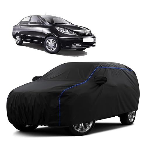 Image of Sulfar 100% Water Resistant Car Body Cover Compatible with Mirror for Tata Manza (Triple Stitched, Full Bottom Elastic, Black Tafetta with Blue Piping)