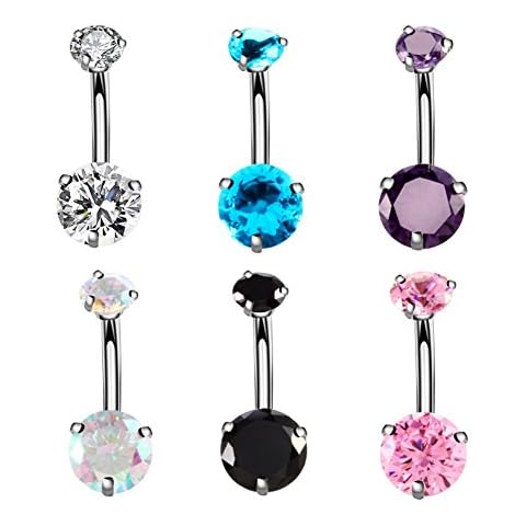 YHMM 14G Surgical Steel Belly Button Rings, Internally Threaded 12mm Long Round CZ Navel Barbell Stud for Women Men (6 Pcs 6 Colors) Cover