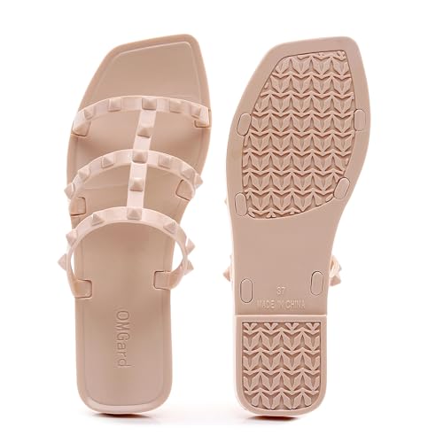 Image of Women Flats Sandals, Studded Jelly Shoes Size 9 Red Dressy Summer Beach Rivets Strappy Jellies Slide Slip On Open Toes