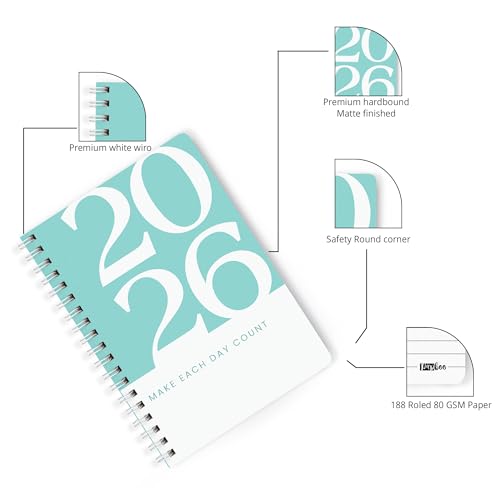 Image of PAPBOO A5 Handy, Hardcover, Hardbound 2026 Diary with Calendar, Easy to Carry White Spiral Wiro Notebook: 80 GSM Paper, Ruled, 188 Pages, Journal, Diary, Gift (Tiffany)