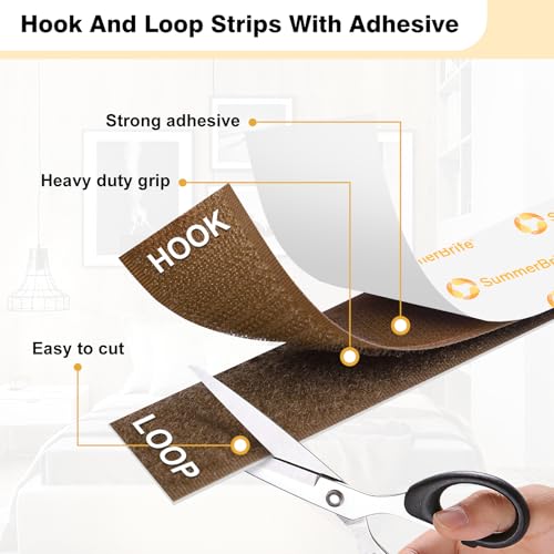Image of SummerBrite 20 Pairs Brown Hook and Loop Strips with Adhesive, 1 x 5 Inch Heavy Duty Sticky Back Fasteners for Wood & Dark Furniture, Strong Mounting Tape for DIY & Organization