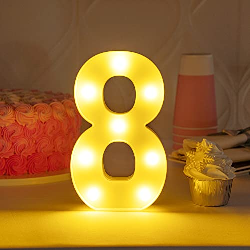 Image of Restaurantware Illumify 7.1 x 1.2 x 8.7 Inch Light Up Number 1 Durable Marquee LED Light - Number 8 Touchproof White Plastic Party Light Keyhole Slot For Parties Weddings Or Special Events