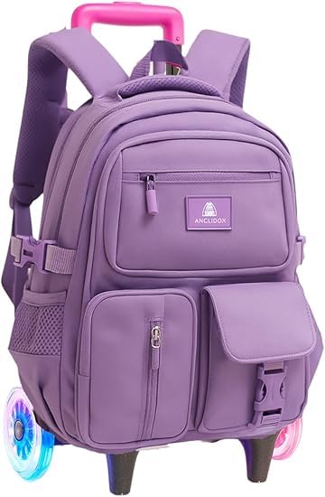 Mochila Escolar com Rodinhas, Unissex, Reforçada, Múltiplos Compartimentos, com Alça de Carrinho regulavel, para Crianças 6-12 Anos (Lílas.)