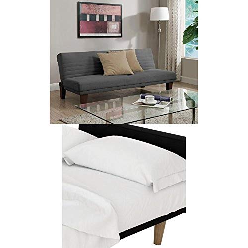 DHP Dillan Convertible Futon Couch Bed, Gray and Futon Sheet Set, White