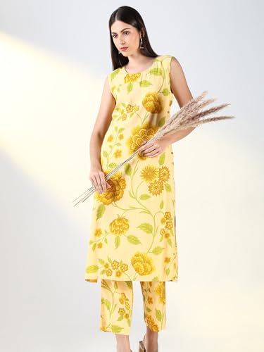 Image of SHOWOFFFF Women Printed Two-Piece Straight Ethnic Kurta Set | Round Neck Sleeveless Cotton Kurta Set for Womens | Mid-Rise Regular Fit Calf Length Kurta Set for Women's