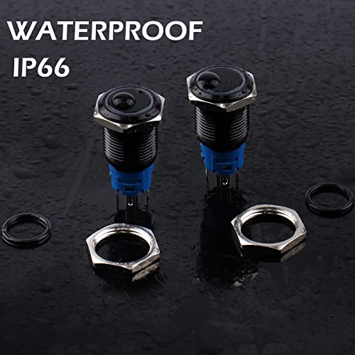 Image of 2PCS 16mm Metal Waterproof Anti-Vandal Latching Push Button Switch Self-Locking Black Shell with Pre-Wired Socket for 5 /8 inch Mounting Hole 12V-24V ON Off 5Pins 1NO 1NC Halo Ring Green LED Light