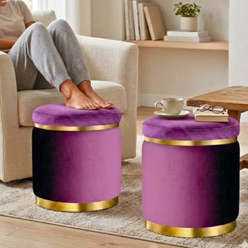 Image of AHAMNA Decorative Ottoman Pouffes for Sitting - Two-Piece Set of Puffy Stools and Footstools - Round Ottoman Stool for Living Room Furniture (Purple)
