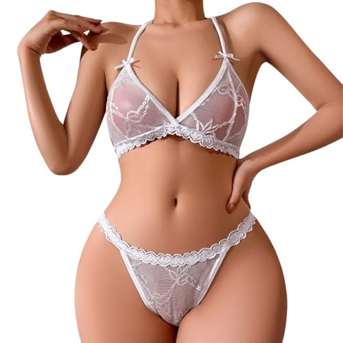 NLAND Ensemble de Lingerie Sexy pour 2 pièces Femme Soutien-Gorge sous-vêtements en String en Dentelle Transparente Babydoll Bretelles Réglables Lingerie Femmes de Nuit,Blanc