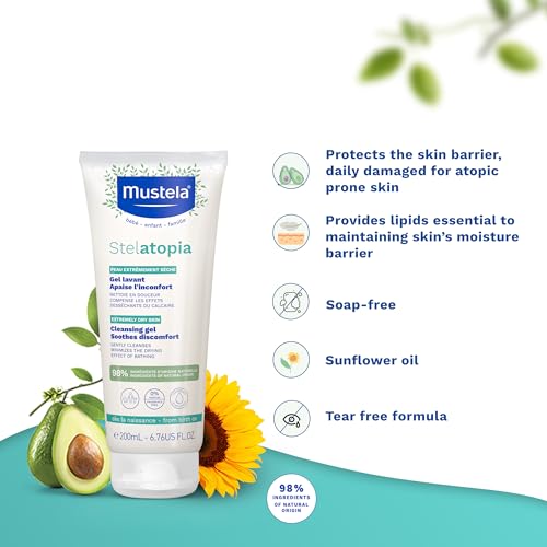 Image of Mustela Stelatopia Cleansing Gel with Sunflower Oil - 200ml | Tear-Free Baby Cleanser for Face & Body | Enriched with Natural Avocado Perseose | Gentle, Hypoallergenic Baby Wash | Made in France