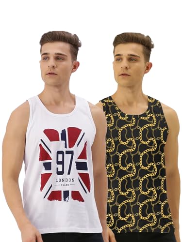 Image of Veirdo Pure Cotton Sleeveless Vest Combo for Men & Boys (Scoop Neck, Regular Fit, Multicolor, Printed, Suitable for Gym, Beach, Casual & Sports) (Pack of 2)