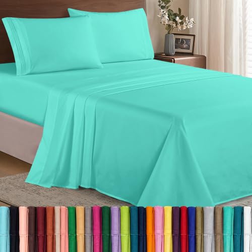 Image of Elegant Comfort Luxury 1500 Premium Hotel Quality Microfiber 4-Piece Sheet Set - Wrinkle Resistant, All Around Elastic Fitted Sheet, Deep Pocket up to 16 inch, King, Paradise Teal
