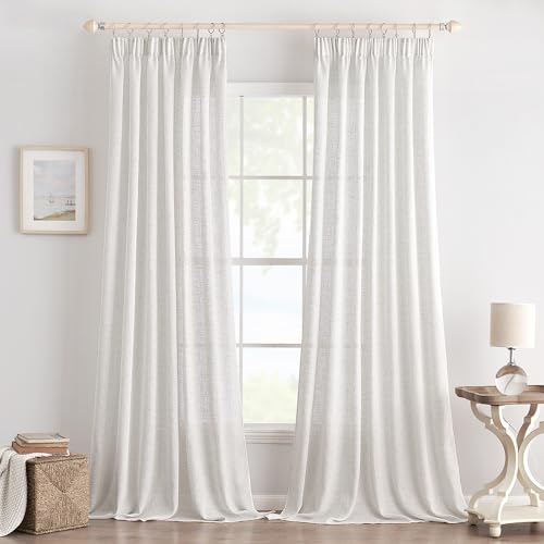 EMEMA Linen Look Modern Semi-Transparent Curtains, 2 Pack Pure White 140 x 175 cm, Kitchen, Living Room, Tab-Top Curtains - Image 2