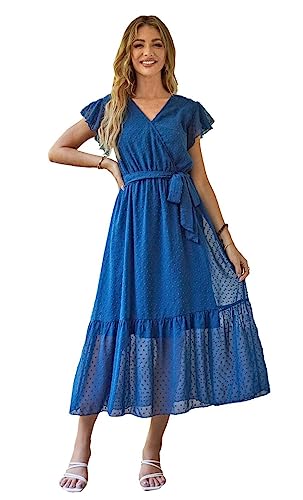 Image of VintageClothing Womens Sundress Casual Floral Summer Boho Dress | Flowy Wrap V Neck Ruffle A-Line Pleated Hem Midi Dresses