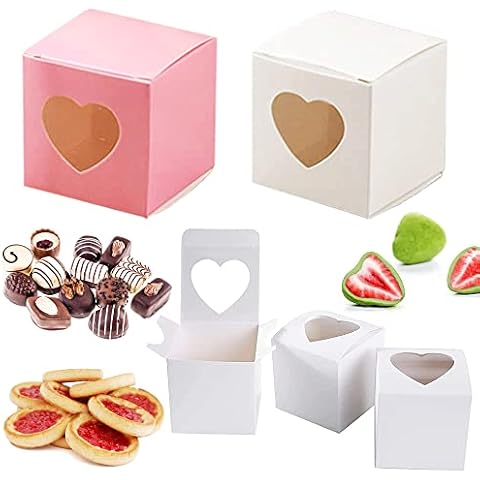 40 Pieces 5cm Candy Gift Boxes, Candy Packing Boxes, Paper Gift Candy Box, Mini Cake Bakery Box, Small Cupcake Boxes, Carrier Individual Containers with Heart Window for Party, Wedding (Pink, White) Cover