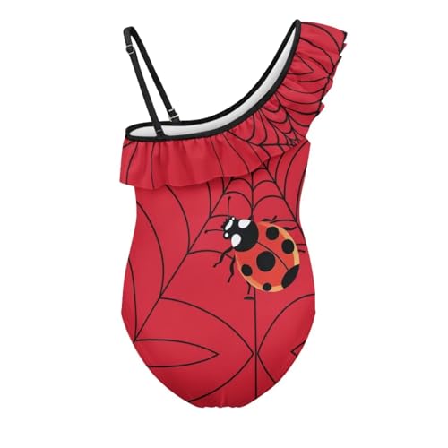 Image of Ladybug Swimsuits for Girls 5-14 One Piece Bathing Suit Kids One Ruffle Shoulder Beach Sport Swimwear
