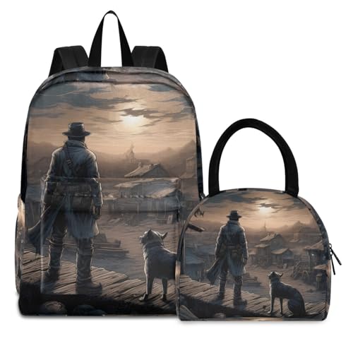 Cowboy and Dog Print Backpack Set with Lunch Bag, Large Capacity Travel Backpacks and Lunch Box Insulated for Commute Hiking Picnic