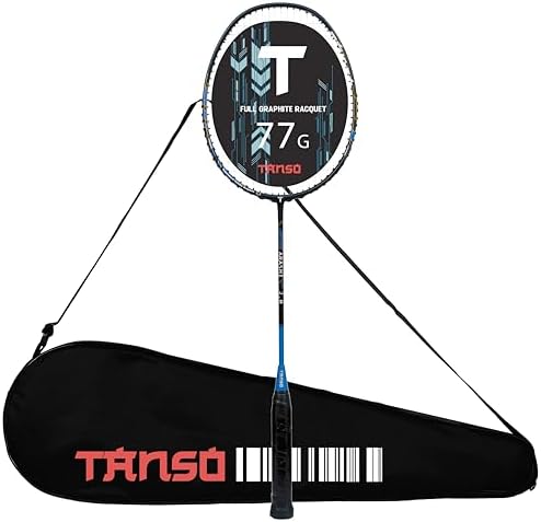 TANSO Arashi 2.0 Full Graphite Ultra Light Weight Carbon Fibre Strung Badminton Racket with Free Full Racquet Cover (77 Grams, 32 Lbs Tension, Strung with Premium Strings) (Blue)