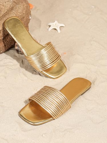 Verdusa Women's Summer Beach Sandals Square Toe Strappy Flat Sandals Slip On Metallic Sandal4