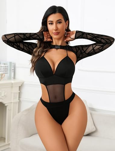Image of Avidlove Rave Outfits for Women Festival Sexy Lingerie Bodysuit 2 Piece | Buckle shrug crop top halter bodysuit set, snap closure, breathable mesh, for concerts and club nights