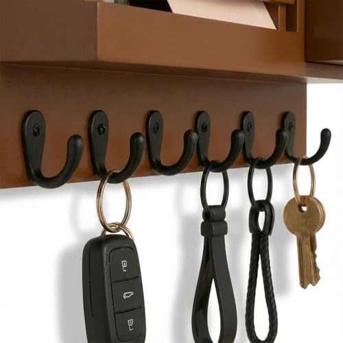Image of Wooden Wall Mounted Key Holder with Hooks and Organizer Shelf Wall Rack for Letters Wallets and Accessories Home and Office Wall (Brown, Drawer Organizer - 35.5 x 9 x 23 cm)