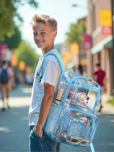 Image of Heavy Duty Clear Backpack For Kids Women Men Boys Girls, 17 Inch Large See Through Backpack, 360 3M Reflective Strips Clear Bookbag, Transparent Bag For School College Sport Travel, Light Blue