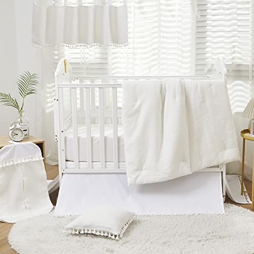 Image of Brandream Crib Bedding Set Cotton Gender Neutral Boho Bohemian Baby Girl Boy Nursery Bedding 6 Pieces Solid White Cotton Farmhouse Chic Minimalist Tassel Fringe Macrame Cozy Waffle Weave Coconut