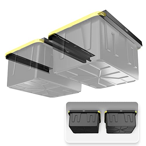 Image of Koova Heavy-Duty Overhead Garage Storage Rack for 2 Bins. Adjustable Width, 80lb Capacity. DIY Safe Ceiling Mount, Easy Install. Fits 27-Gallon Totes. USA Made Pro-Grade Steel. Space Saving Organizer
