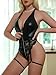 Myilewjt Women's Leather Teddy Bodysuit Lingerie Set One Piece Nightout with Garter Black Medium