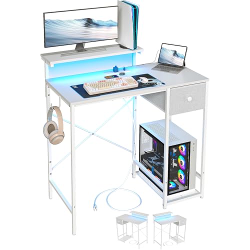 Image of X-cosrack 33.5 inch Small Computer Desk with Monitor Stand & Outlets, Small Gaming Desk with LED Light & CPU Stand, Teen Study Writing Table with Storage Drawer, Side Hooks for Bedroom, Home Office White