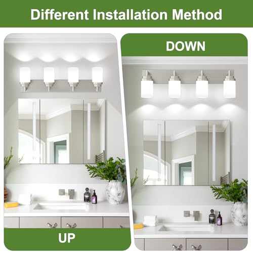 Image of Bathroom Light Fixtures, Brushed Nickel Bathroom Lighting Fixtures Over Mirror, Modern Vanity Light with White Glass Shade, Restroom Lighting Fixtures, 4-Light 30-inch