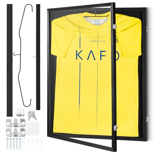 VEVOR Jersey Display Frame Case, 24 x 32 x 1.5 in, Large Lockable Sport Jersey Shadow Box with 98% UV Protection PC Glass and Hangers, for Baseball Basketball Football Hockey Shirt and Uniform, Black by VEVOR - Used condition - US$42.51