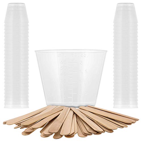 Pouring Masters 2 Ounce (60Ml) Graduated Plastic Measuring Cups (50 Clear Cups & 25 Mixing Sticks) - For Acrylic Paint, Resin, Epoxy, Art, Kitchen, Cooking, Medicine, Laboratory - Oz, Ml Measurements #TOP4