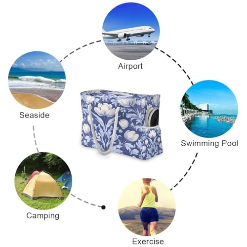 Floral Pattern with Blooming Tulips (1) Beach Bag & Travel Tote Bag Large Sandproof with Zipper Closure, Wet Pouch for Swim Gym Travel, Lightweight Foldable Outdoor Bag4
