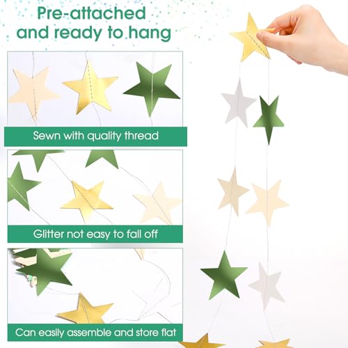 Image of Patelai Glitter Star Garland Banner 2026 Party Decor 130 Feet Star Hanging Streamers Twinkle Backdrop for Classroom Birthday Graduation Wedding Supplies(Sage Green, Gold, White)