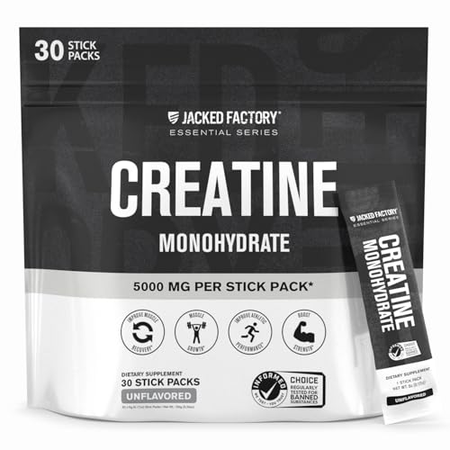 Image of Jacked Factory Creatine Monohydrate Stick Packs 150g - 5g Daily Creatine Supplement for Men and Women, Vegan-Friendly, Third-Party Tested - 30 Servings, Unflavored
